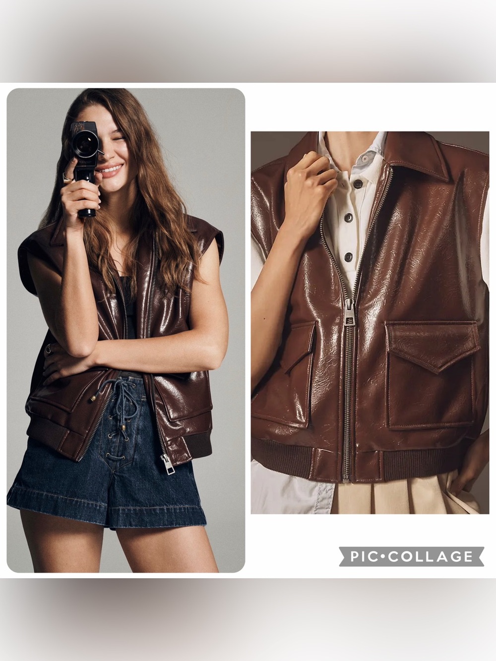 NWT new small Anthropologie Maeve faux Leather Sleeveless Zip Vest Brown pockets